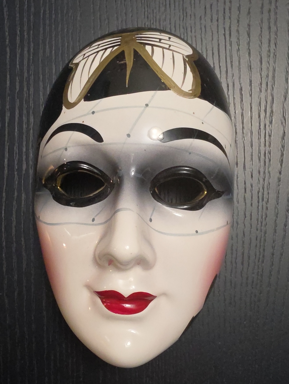 1980 Art Deco Vintage Opera Mask Wall Art Mask - White, Black, Gold Accents